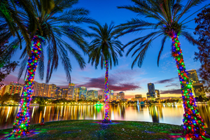 Orlando, Florida skyline and palm trees with Christmas lights
